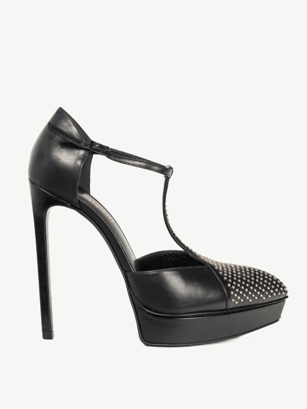Saint Laurent Classic Janis 105 Black Leather Studded T-Strap Platform Pumps